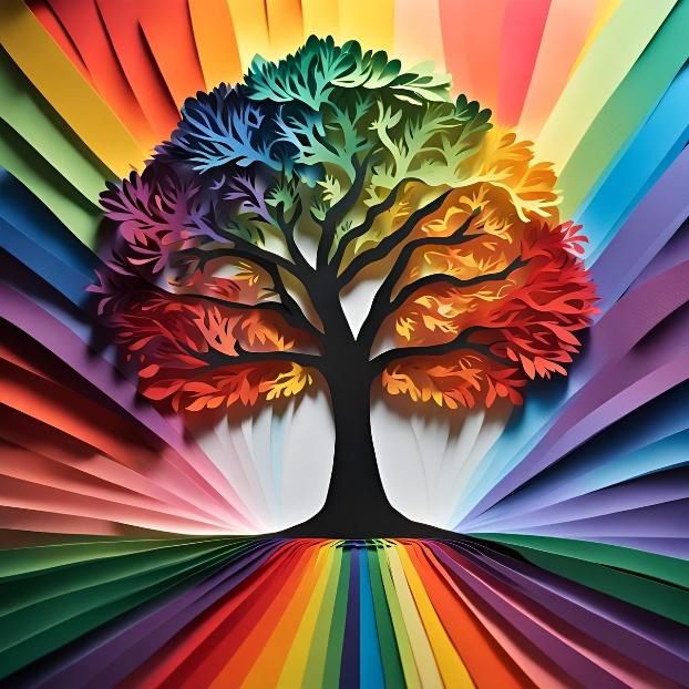 A tree displaying and emanating the colours of the rainbow, representing the spectrum of the LGBTQ+ community