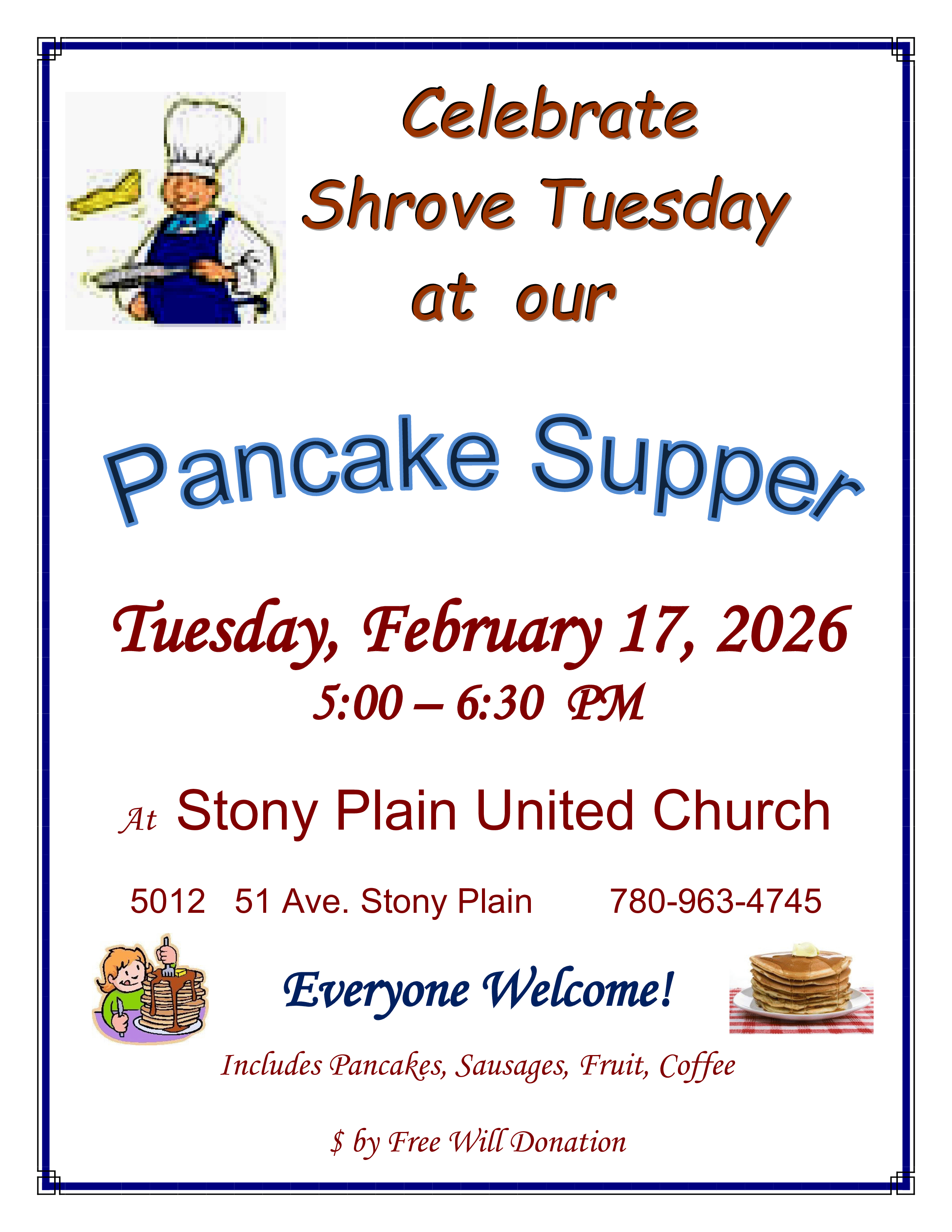 Poster for the upcoming Shrove Tuesday Pancake Supper at Stony Plain United Church
